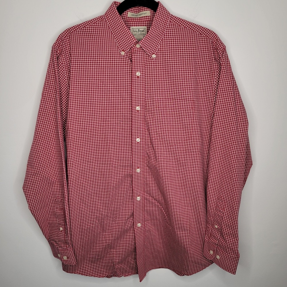 LL Bean Mens Button Down Shirt Size Medium Red Gingham Check Outdoors Cabin GORP